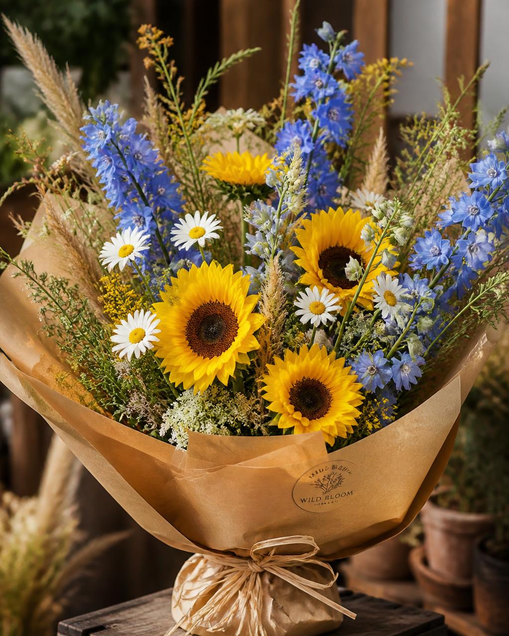 Été Sauvage — bouquet de tournesols et delphiniums
