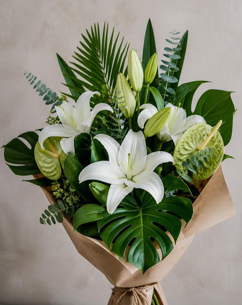 Jardin Secret — bouquet luxuriant de feuillage exotique et lys blancs