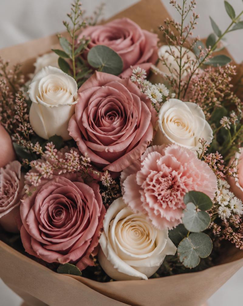 Bouquet Maupassant — roses poudrées et fleurs crème