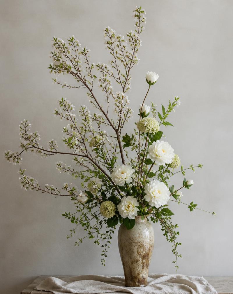 Le Trocadéro — arrangement sculptural de branches et fleurs blanches