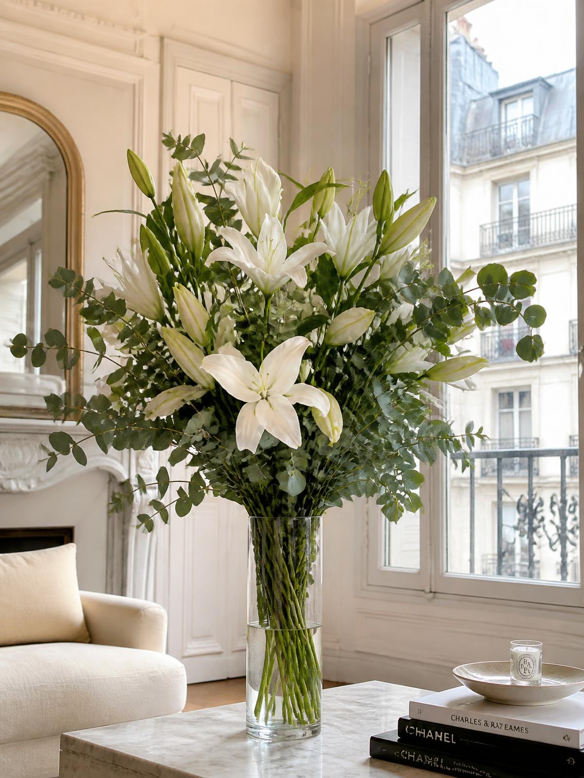 Composition signature de lys blancs et eucalyptus