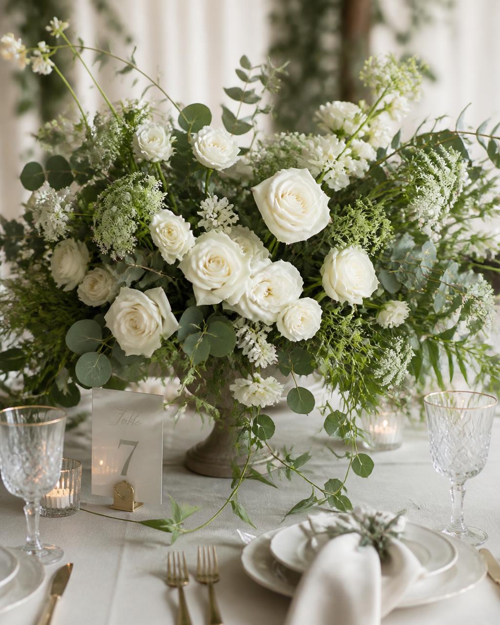 Centre de table floral pour mariage avec roses blanches et eucalyptus