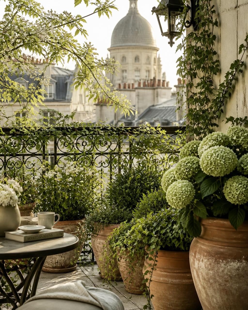 Aménagement de terrasse et jardin parisien avec pots en terre cuite et verdure